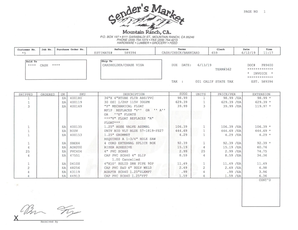 receipt showing 2700 of materials spent