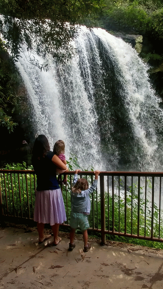 A woman and her two daughters watching a waterfall