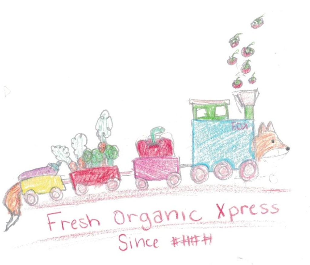 child's drawing of a train shaped like a fox carrying produce