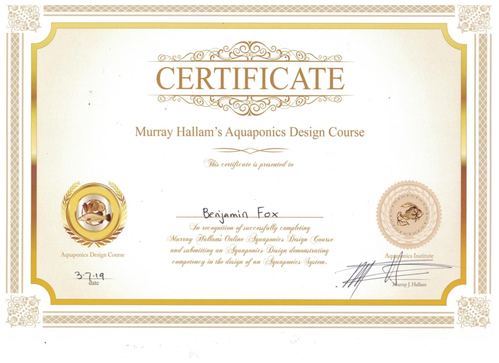 certificate showing Aquaponics proficiency